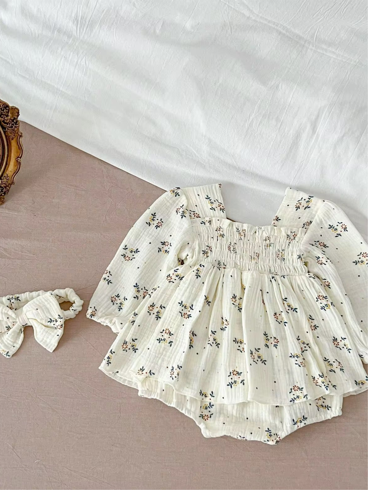 Floral Smocked Baby Romper with Headband