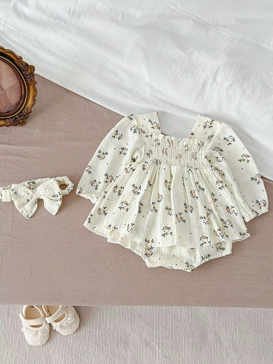 Floral Smocked Baby Romper with Headband